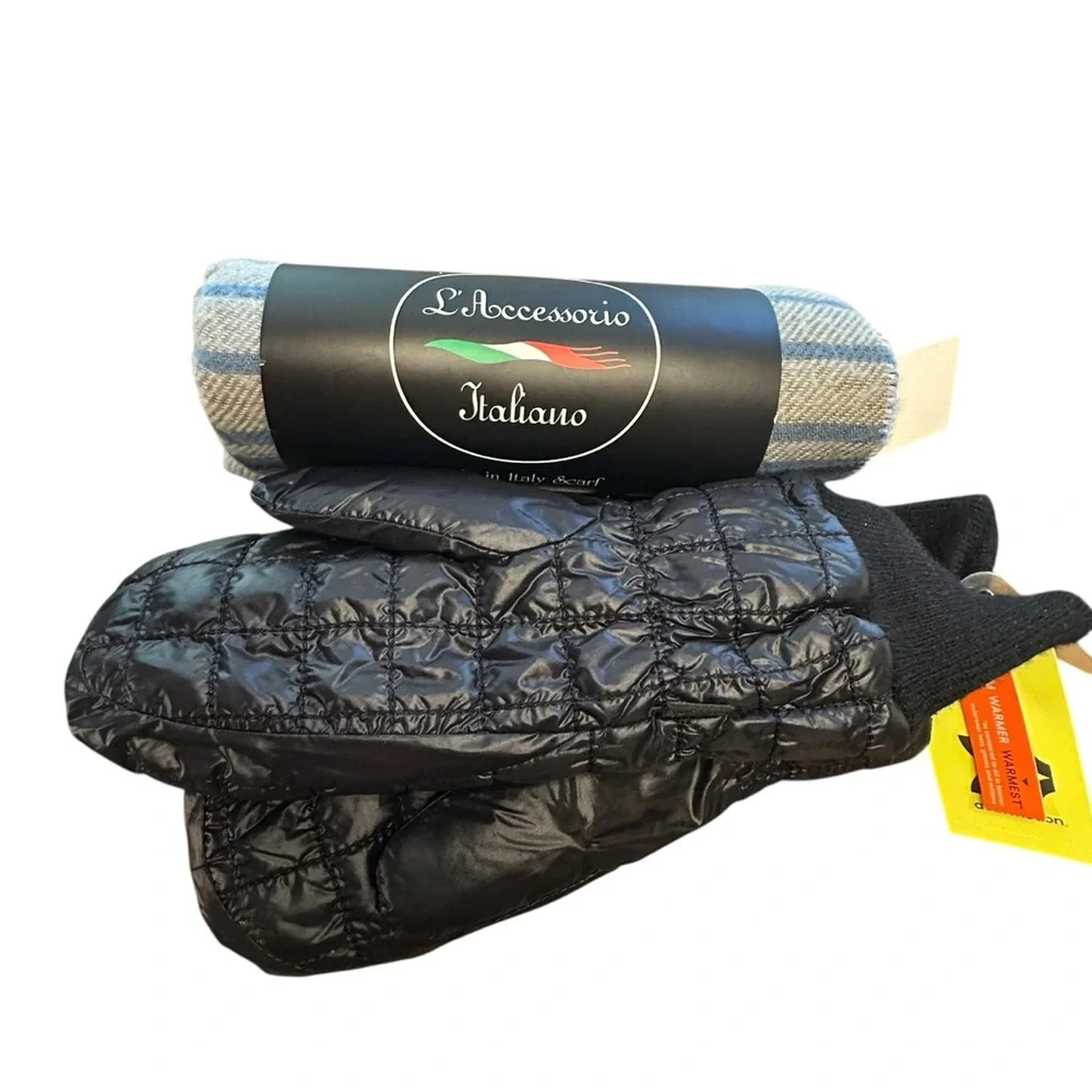 Black Quilted Mittens with Blue Striped Scarf
